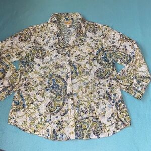 JM COLLECTION floral paisley button up long sleeve split cuff blue green size 12